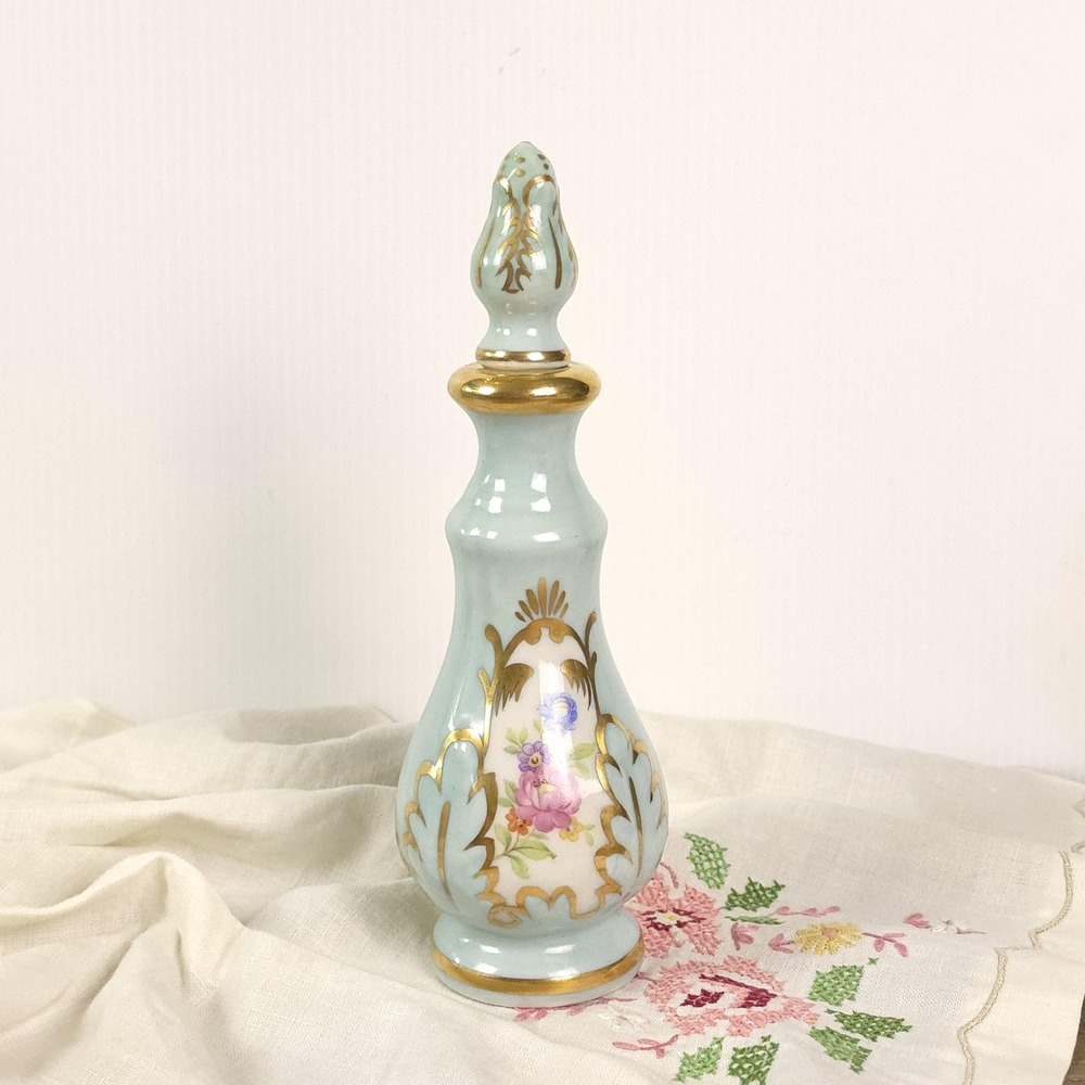 Vintage Porcelain Perfume Bottle, Teal and Pink Hand Painted Floral Decanter